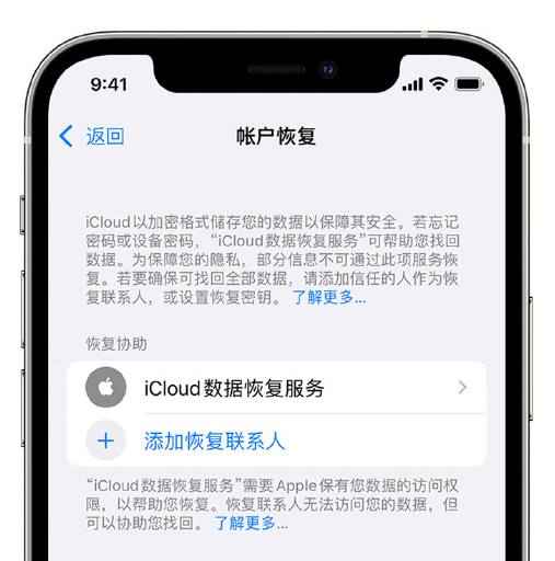 武宁苹果手机维修分享在 iPhone 上设置帐户恢复联系人的方法 