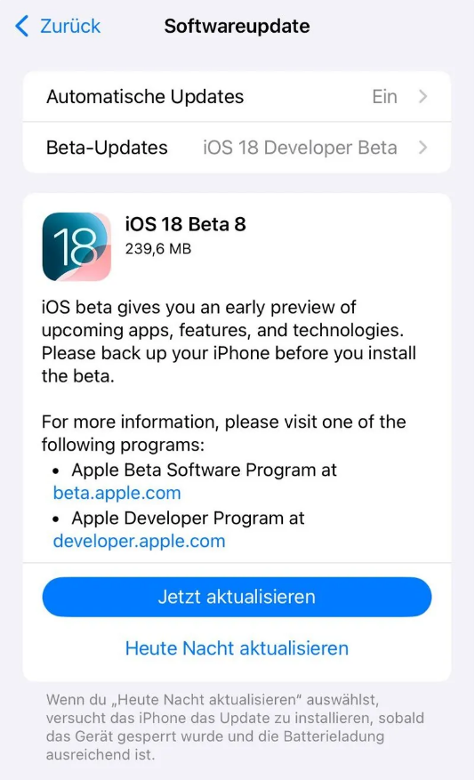 武宁苹果手机维修分享苹果 iOS / iPadOS 18 开发者预览版 Beta 8 发布 